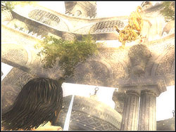 The vizier is flying upwards three times during the first phase of the skirmish in order to strike you with pieces of columns - The Terrace - Walkthrough - Prince of Persia: The Two Thrones - Game Guide and Walkthrough