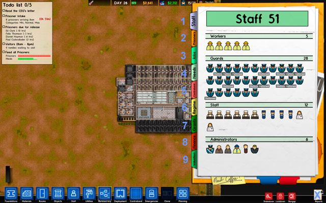 X - icon of Reports, which triggers a report window - Reports - The interface - Prison Architect - Alpha 11 - Game Guide and Walkthrough