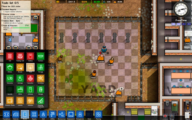 The minimum are of the yard is 5x5 squares, but you should consider expanding it to much a much greater size - that way you will avoid fights between prisoners who bump into each other while running - Yard - Rooms - Prison Architect - Game Guide and Walkthrough