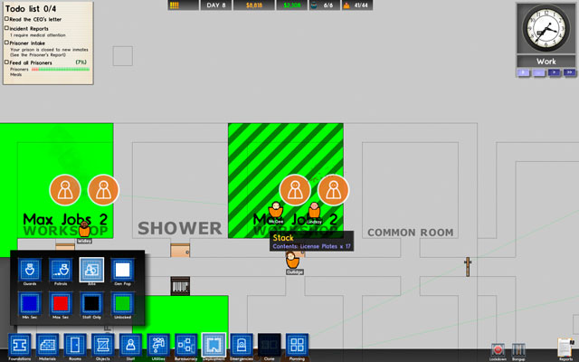 In order to be able to build a workshop and use it, you have to enter the bureaucracy menu and develop Prison Labour and Deployment - Workshop - Rooms - Prison Architect - Game Guide and Walkthrough