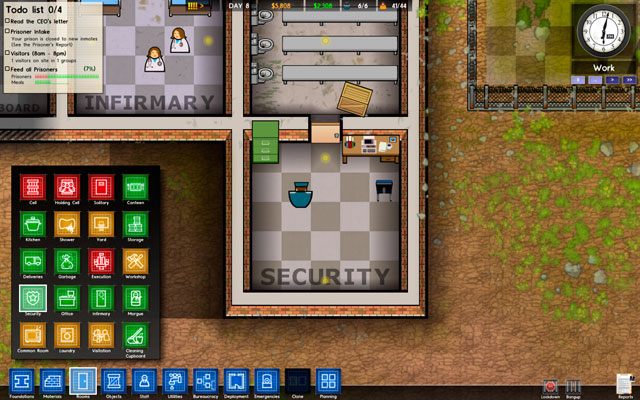 The Security always has at least one guard inside, so you can consider placing a Cctv Monitor inside which let you watch over prisoners with cctvs - Security - Rooms - Prison Architect - Game Guide and Walkthrough