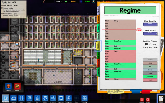 Setting a regime (a plan of each day) lets you control the prisoners and puts in order to functioning of your facility - Regime - Prison Architect - Alpha 11 - Game Guide and Walkthrough
