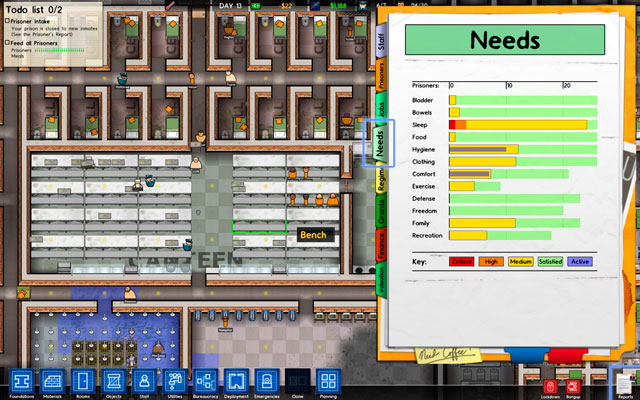 Problems of prisoners can be seen in the Needs tab in the Reports menu (screen above) - Prisoners' needs - Prison Architect - Game Guide and Walkthrough