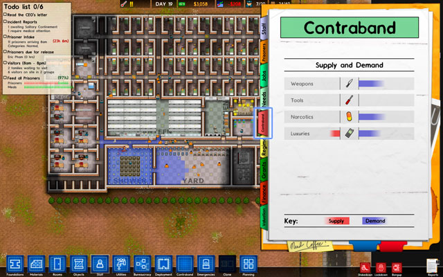 If your guard chef discovered contraband in bureaucracy panel, you get an access to new bookmark in report windown (screen above) - Contraband - Prison Architect - Alpha 11 - Game Guide and Walkthrough