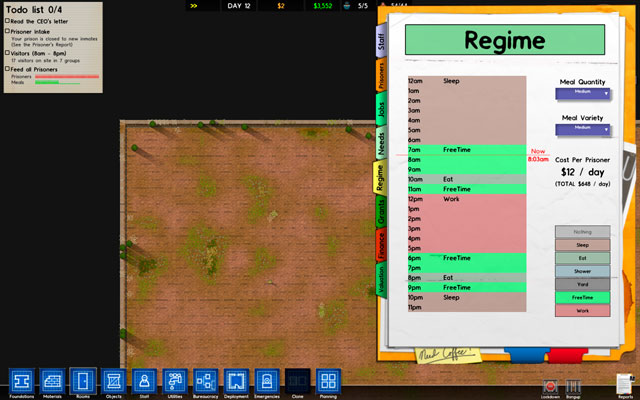 The plan of the day. - Regime - Prison Architect - Alpha 11 - Game Guide and Walkthrough