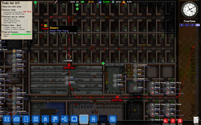 As you can see on the screen above, well placed metal detector let you detect contraband, when its carried by prisoners - Contraband - Prison Architect - Alpha 11 - Game Guide and Walkthrough