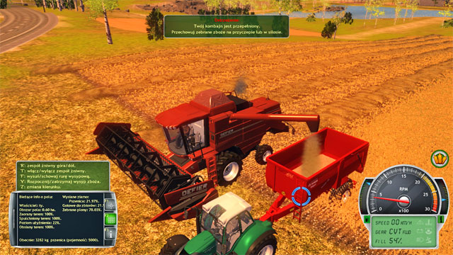 When the harvester's tank is full, empty it onto the trailer. - Getting acquainted with the farm and first works - The Career Mode - Professional Farmer 2014 - Game Guide and Walkthrough