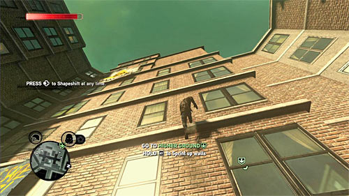 Your current mission's objective is to get to the rooftop of one of the high building in location [236, 1259] (you can restore Heller's form or stay in commander's shape) and this time you have to rely on running over the walls, holding the right trigger - [Main mission 3] The Strong Survive - Main missions - Prototype 2 - Game Guide and Walkthrough