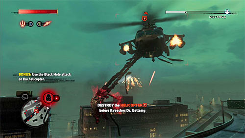 You can destroy the helicopter in many ways, but if you want to complete the bonus mission objective, you have to attack it at least once with Black Hole attack (hold Y button) - [Main mission 8] The Lab Rat - Main missions - Prototype 2 - Game Guide and Walkthrough