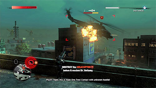 After obtaining the rocket launcher, choose a good place to shoot from, aim at the helicopter (left trigger) and start shooting - [Main mission 8] The Lab Rat - Main missions - Prototype 2 - Game Guide and Walkthrough