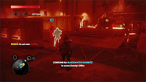 If the guard manages to use the stairs, then consuming him will be unfortunately complicated, because you'll have to watch out for viral detector and to consume some other soldiers before attacking him (screen above), who observe you - [Main mission 10] The Mad Scientist - Main missions - Prototype 2 - Game Guide and Walkthrough