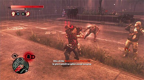 At the end take care of standard Blackwatch soldiers, but if you want to fight them on the main base square, first destroy local gun towers using rocket or grenade launchers or large objects which can be thrown - [Main mission 25] Last Resort - Main missions - Prototype 2 - Game Guide and Walkthrough