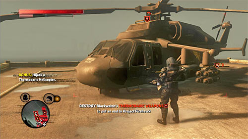 This mission is divided in few parts, and the first task is to destroy four helicopters on the nearby landing pad - [Main mission 28] Operation Firehawk - Main missions - Prototype 2 - Game Guide and Walkthrough