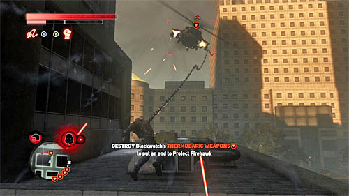 Another options are to deflect their rockets with a shield, to throw cars at them, shoot them with rocket launchers, attack them with the whip (screen above) or sabotage them (press Y button after landing on the helicopter - you have to but a proper finisher first) - [Main mission 28] Operation Firehawk - Main missions - Prototype 2 - Game Guide and Walkthrough