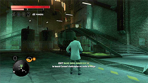 The exit from the base can be found in location [484, 247] and you should stay in shape of Dr - [Main mission 29] Lost in the System - Main missions - Prototype 2 - Game Guide and Walkthrough