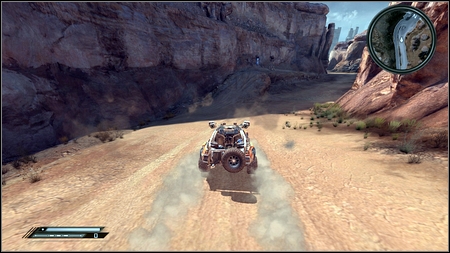 Only after you'll see the drone, drive to the left and jump from the rocky hill - Wasteland - p. 1 - Vehicle jumps - Rage - Game Guide and Walkthrough