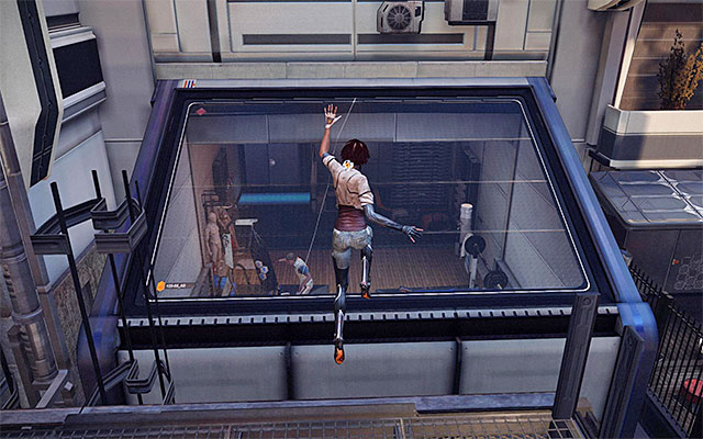 Return to the platform above, turn towards the glass fragment of the roof and leap towards it - Follow in the path of the virtual projection - Episode 2 - Remember Me - Game Guide and Walkthrough