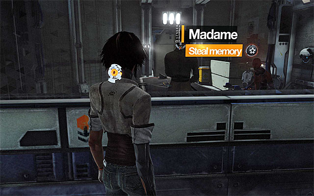 Wait for the game to unlock access to the neighboring room and approach the one-way mirror to play a cutscene of the interrogation conducted by Madame - Steal Madame's memory - Episode 4 - Remember Me - Game Guide and Walkthrough