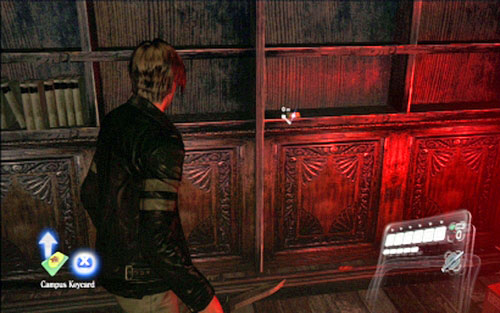 In the next room you'll find a large bookshelf - there is a Campus Keycard on one of its shelves - Chapter 1 - The Campus - Leon's campaign - Resident Evil 6 - Game Guide and Walkthrough