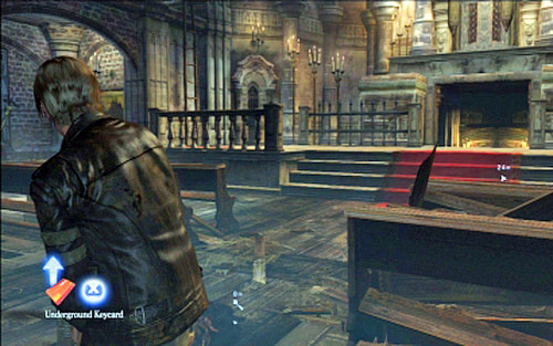 Next to the corpse you'll find a key card, which opens the door under the altar - Chapter 2 - The Cathedral - Leon's campaign - Resident Evil 6 - Game Guide and Walkthrough