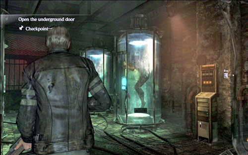 After short march you'll reach a room with large tanks, where you'll watch a short cut-scene - Chapter 2 - Underground Laboratory - Leon's campaign - Resident Evil 6 - Game Guide and Walkthrough