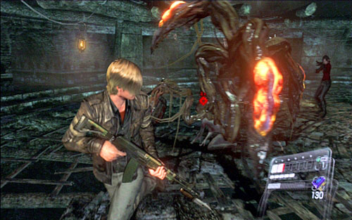 In order to defeat the opponent, you have to destroy three yellow glands located on long tentacles - Chapter 2 - Underground Laboratory - Leon's campaign - Resident Evil 6 - Game Guide and Walkthrough