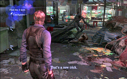 Run forwards until you get to the door which can be open with three keys - Chapter 4 - The Outdoor Market - Leon's campaign - Resident Evil 6 - Game Guide and Walkthrough