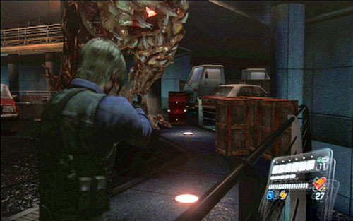 In the first phase of fight try to keep your enemy on distance and lure him in the area of red barrels - Chapter 5 - The Final Fight with Simmons - Leon's campaign - Resident Evil 6 - Game Guide and Walkthrough