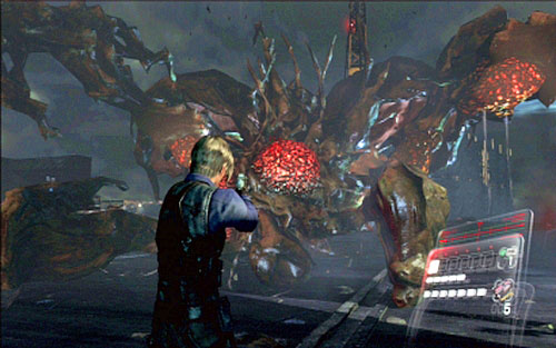 You have to repeat these actions until the creature starts spitting a strange substance and then falls down while exposing its eyes - Chapter 5 - The Final Fight with Simmons - Leon's campaign - Resident Evil 6 - Game Guide and Walkthrough