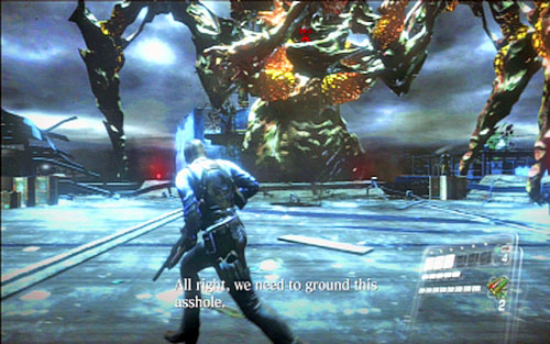 At the very beginning keep shooting at orange glands on creature's body, waiting until enemy pulls a zombie pierced with electrical spike - Chapter 5 - The Final Fight with Simmons - Leon's campaign - Resident Evil 6 - Game Guide and Walkthrough