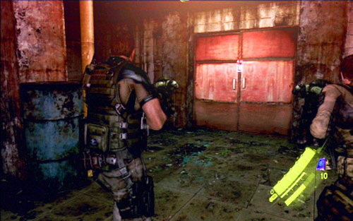 Together with the rest of team you have to go to the bottom of the building and go outside through the large red door - Chapter 1 - City Alleys - Chris's campaign - Resident Evil 6 - Game Guide and Walkthrough
