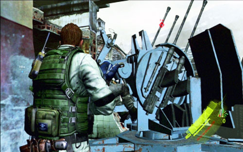 Once you regain control over your character, turn back and run to the indicated building on the right - Chapter 2 - Gun Turrets - Chris's campaign - Resident Evil 6 - Game Guide and Walkthrough