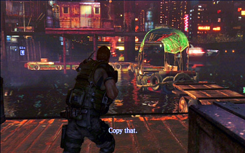 After the fight move to boats and jump between them do get to the indicated gate - Chapter 3 - The Harbor - Chris's campaign - Resident Evil 6 - Game Guide and Walkthrough