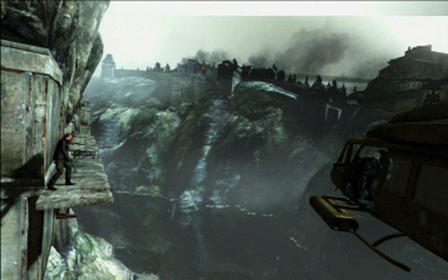 When you see the oncoming helicopter start running along the edge of the cliff (hold A) jumping above wide holes - Chapter 1 - The Mountain Path - Jake's campaign - Resident Evil 6 - Game Guide and Walkthrough
