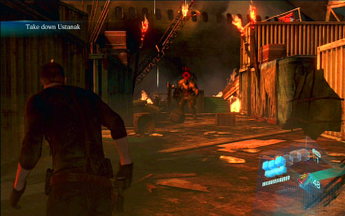 At the very beginning of the fight climb up the ladder on the left and push the crate full of gas containers - Chapter 4 - Fight With Ustanak - Jake's campaign - Resident Evil 6 - Game Guide and Walkthrough