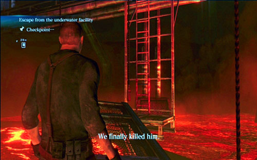 After Ustanak drowns into lava, climb the nearby ladder and together with Sherry open the door at the end of the sidewalk - Chapter 5 - The Final Fight With Ustanak - Jake's campaign - Resident Evil 6 - Game Guide and Walkthrough