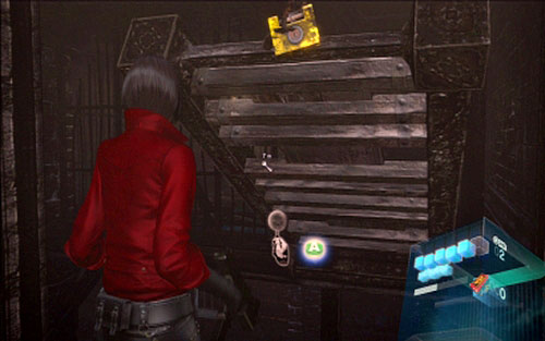 At the beginning go up the stairs and shoot the golden lock to lower the bridge - Chapter 2 - Second Fragment of The Key - Ada's campaign - Resident Evil 6 - Game Guide and Walkthrough