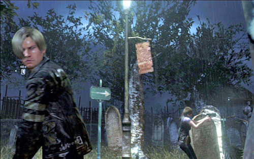 Walking on the cemetery path you'll pass by a post with lopsided plaque - Chapter II - Emblems - Leon - Resident Evil 6 - Game Guide and Walkthrough