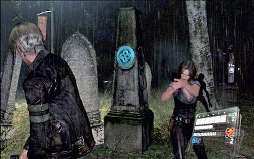 Go around the graves on the left and you'll find an emblem on one of them - Chapter II - Emblems - Leon - Resident Evil 6 - Game Guide and Walkthrough