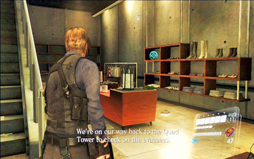 After opening the first door along with your companion, run after the soldier inside the building - Chapter V - Emblems - Leon - Resident Evil 6 - Game Guide and Walkthrough