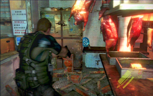 You'll find there a small kitchen with pieces of meat and the last emblem - Chapter I - Emblems - Chris - Resident Evil 6 - Game Guide and Walkthrough