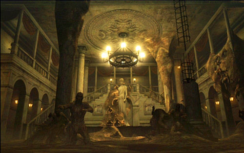 After reaching the hall with large statue, go to the left corridor and then take the right stairs - Chapter II - Emblems - Chris - Resident Evil 6 - Game Guide and Walkthrough
