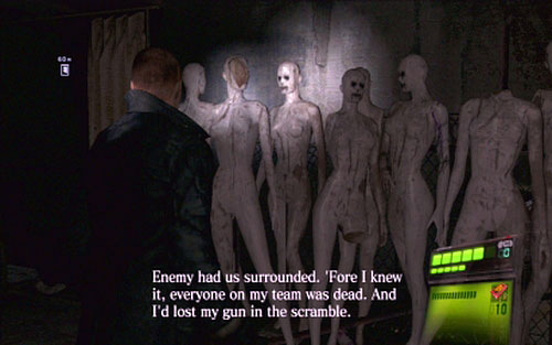 When the first fight with Ustanak is over, you'll get to the dark corridor, full of mannequins - Chapter I - Emblems - Jake - Resident Evil 6 - Game Guide and Walkthrough