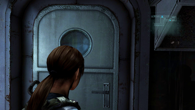 After picking it up, open door and head forward, until you see an entrance to the cabin on left - Into the Depths - part III - Episode 1 - Resident Evil: Revelations - Game Guide and Walkthrough