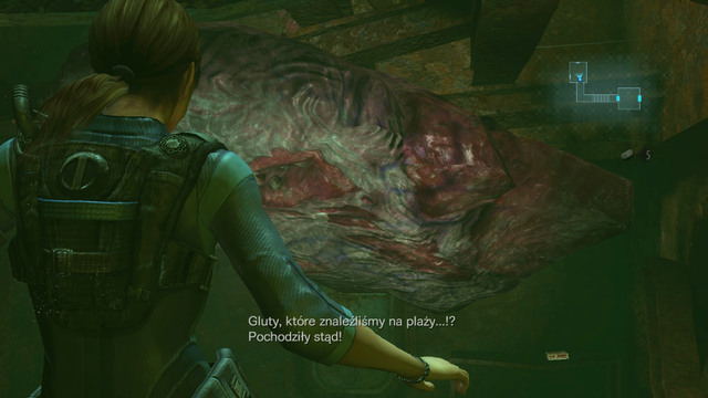 You get to the location, where the mutated meat hangs from the ceiling - The Queen is Dead - part I - Episode 12 - Resident Evil: Revelations - Game Guide and Walkthrough