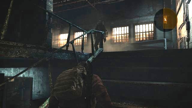 Whenever you already know where the enemy is, crouch to get him from behind. - Cross the building - Penal Colony - Barry - Resident Evil: Revelations 2 - Game Guide and Walkthrough