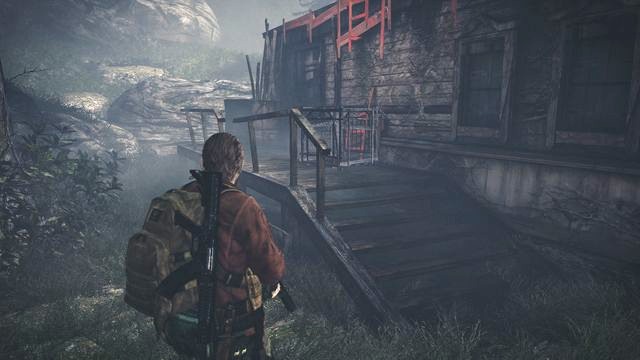 After you have cleared the area, search through the barrels (pistol ammo, Topaz - 100 CP), and carry the crate, to the left, over to the wall of the second house (the spot in the screenshot) where you will be able to climb to the roof - Go to the tower - Contemplation - Barry - Resident Evil: Revelations 2 - Game Guide and Walkthrough