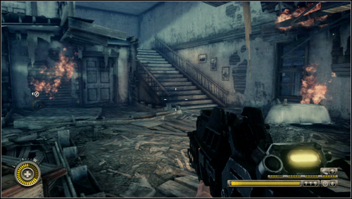 You'll get to the slightly burning building with the stairs [1] and footbridges leading to the buildings on the right - Chapter 11 - p. 1 - Walkthrough - Resistance 3 - Game Guide and Walkthrough