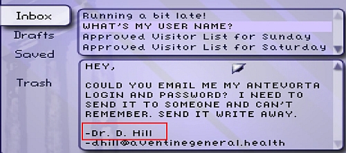 Open the e-mail titled What's my user name from the Inbox folder - 7:30-Ray - Walkthrough - Resonance - Game Guide and Walkthrough