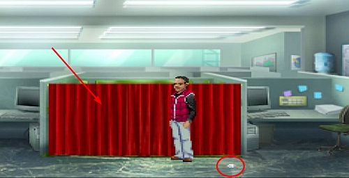 There, click on the Red curtain (arrow) - National Credit Systems-Ray - Walkthrough - Resonance - Game Guide and Walkthrough